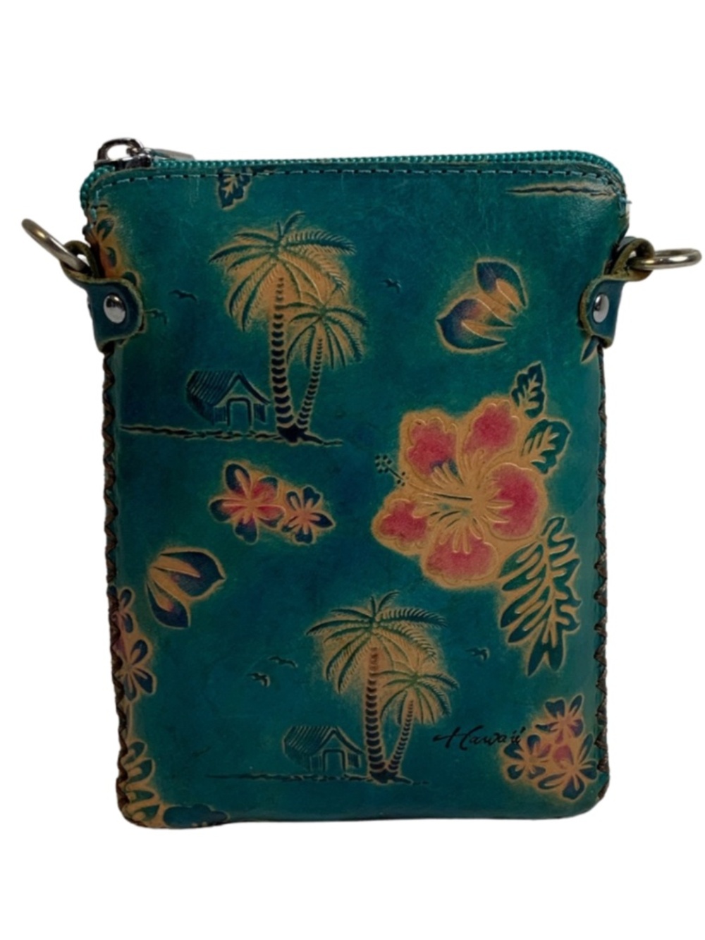 Hawaiian Aloha Tropical Teal Leather Crossbody Bag No Strap Vacation Travel